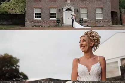 Still frames from a Dudley Ross Films wedding film: a couple outside a manor house, and a close-up of the bride smiling
